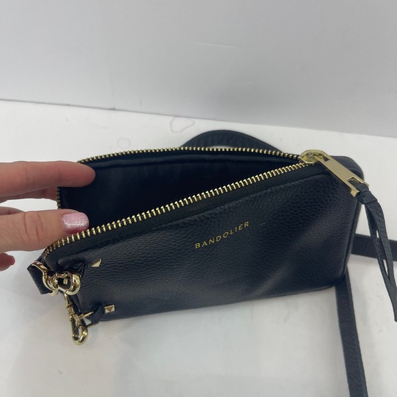 Bandolier Pebbled Leather Pouch Crossbody Bag Black Gold Festival Party Travel - Picture 6 of 10